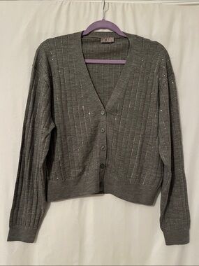 J. Crew Gray Knit V-Neck Button Cardigan with Metallic Detail